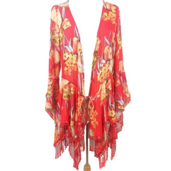 Umgee Tops - Red Floral Plus Size Kimono Tassels Sharkbite Hem